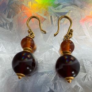 Russian Orange Baltic Amber Bead dangling Earrings in Gold